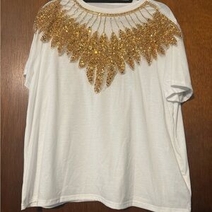 White Short Sleeve Tee with Gold Sequin Neckline